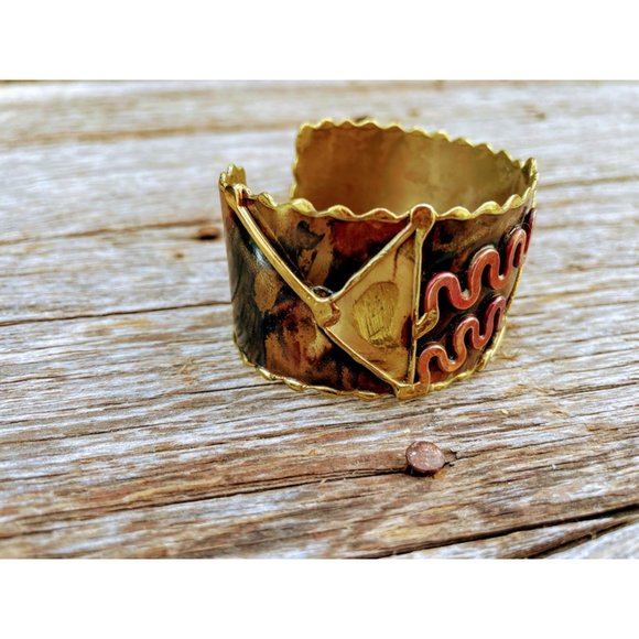 Vintage Brass and Copper bangle Cuff Bracelet Brutalist Abstract - Picture 3 of 12